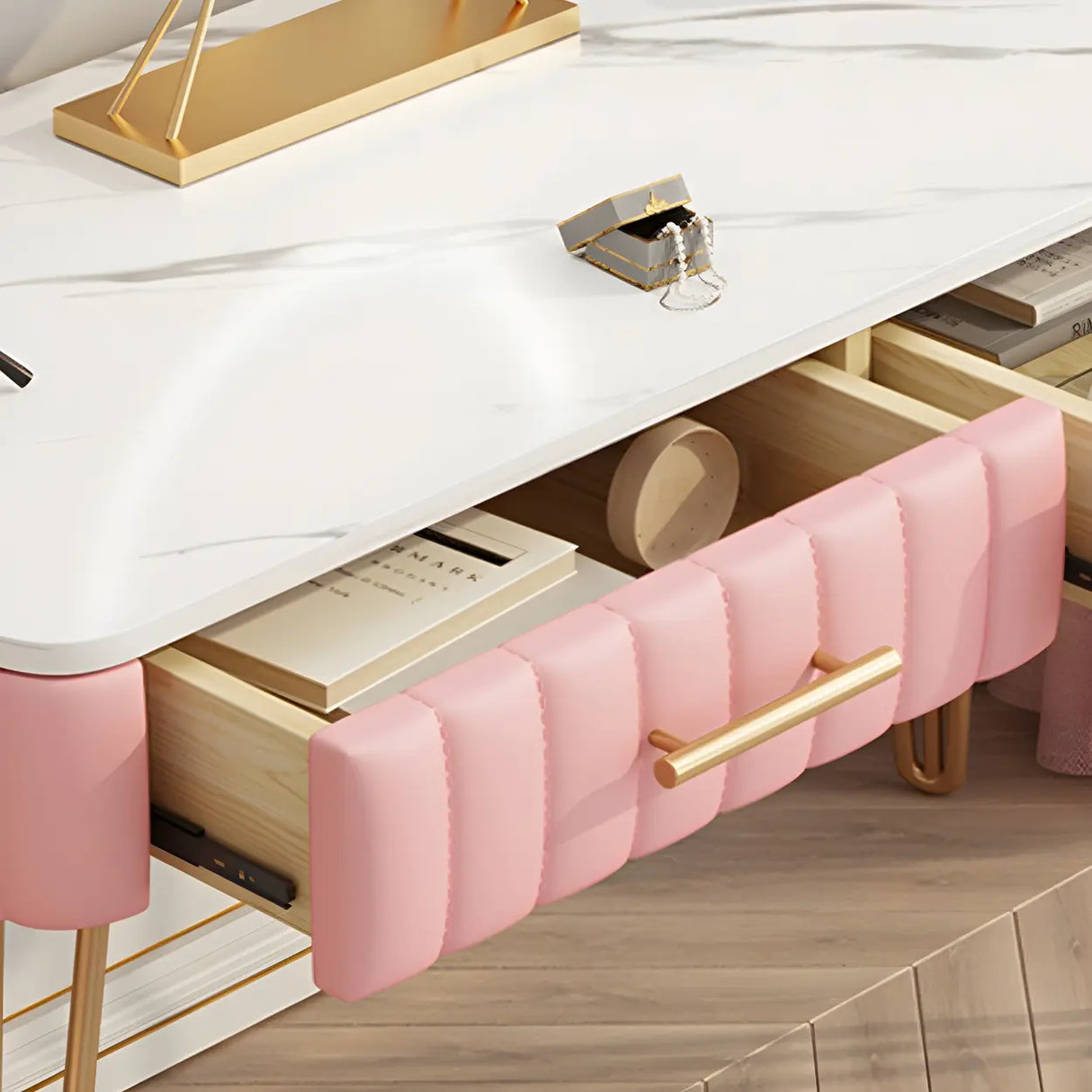 Glam Blackish Green Wood Makeup Vanity with Drawers Image - 16