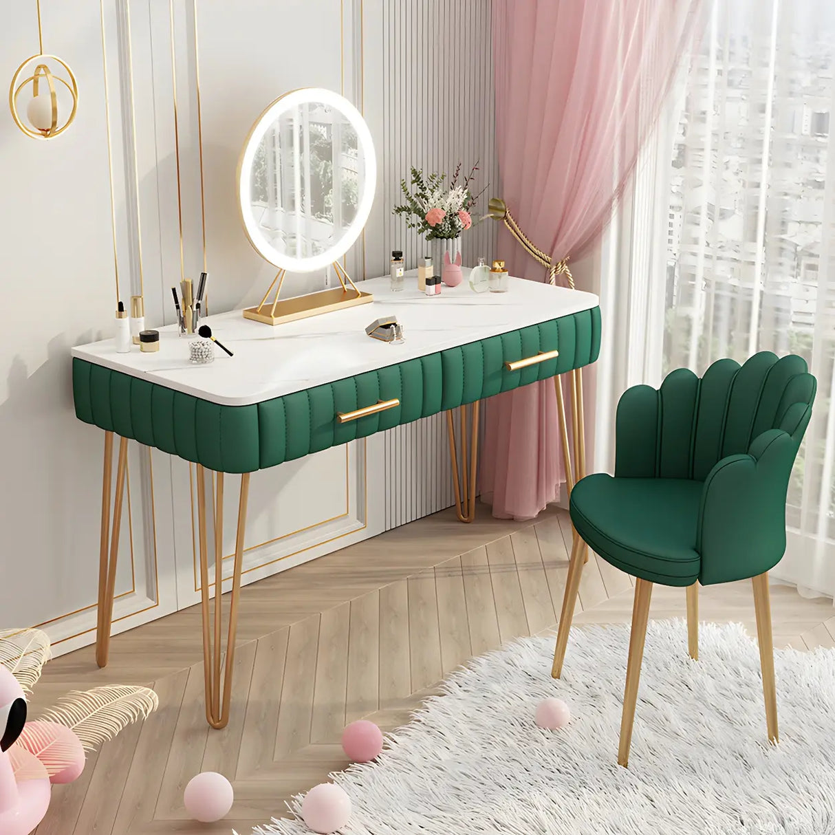 Glam Blackish Green Wood Makeup Vanity with Drawers Image - 1