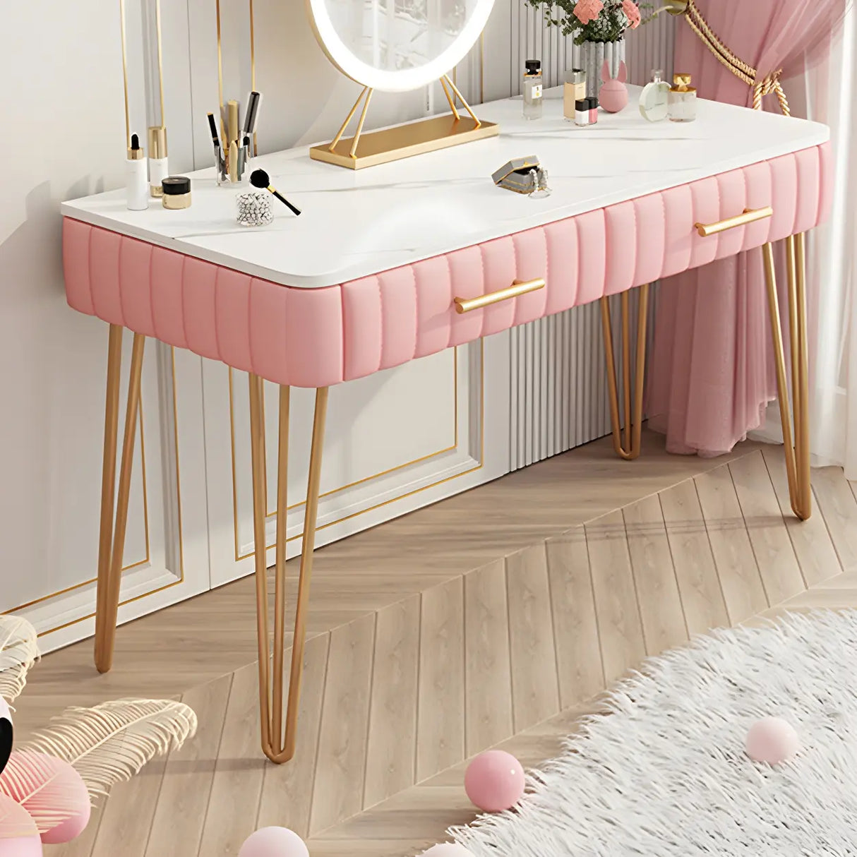 Glam Blackish Green Wood Makeup Vanity with Drawers Image - 2