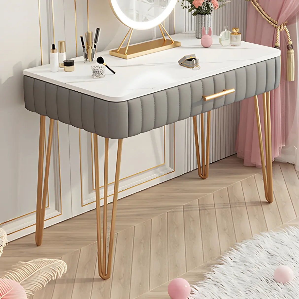 Glam Blackish Green Wood Makeup Vanity with Drawers Image - 3