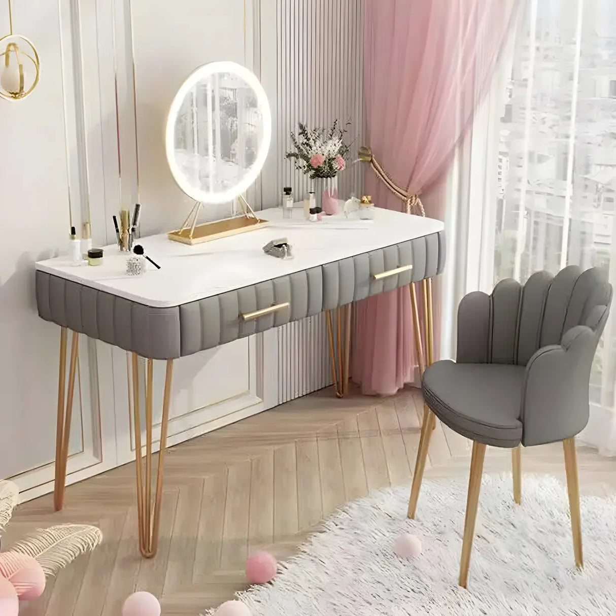 Glam Blackish Green Wood Makeup Vanity with Drawers Image - 5