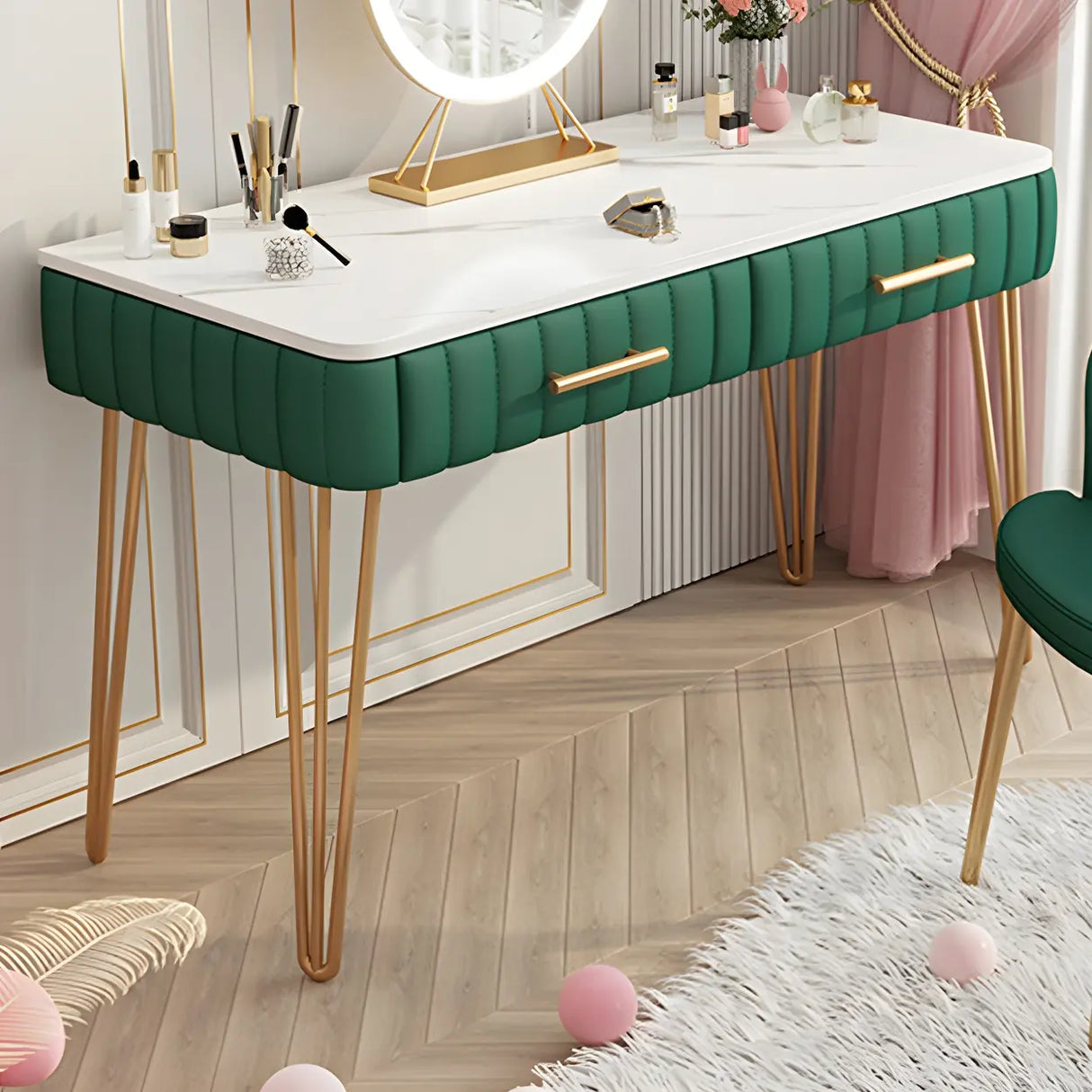 Glam Blackish Green Wood Makeup Vanity with Drawers Image - 6