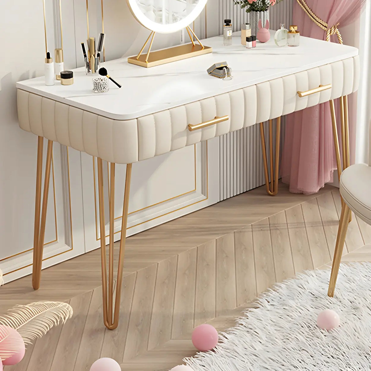 Glam Blackish Green Wood Makeup Vanity with Drawers Image - 7