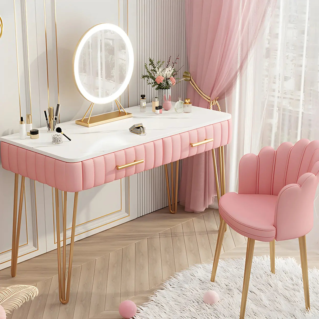 Glam Blackish Green Wood Makeup Vanity with Drawers Image - 8