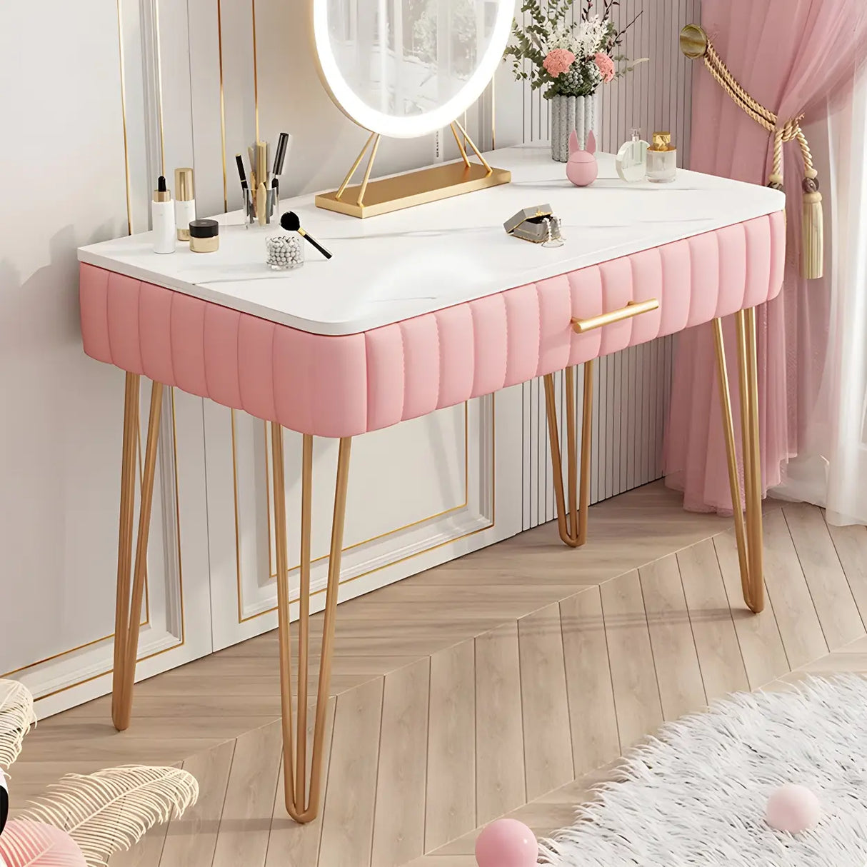 Glam Blackish Green Wood Makeup Vanity with Drawers Image - 9