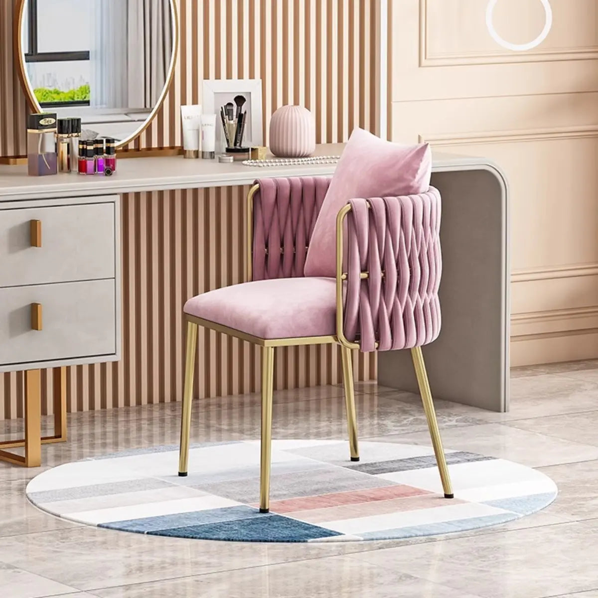 Glam Curved Pleated Armchair Velour Dining Chair Pink Image - 1