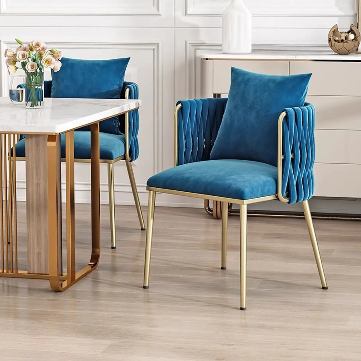 Glam Curved Pleated Armchair Velour Dining Chair Pink Image - 3