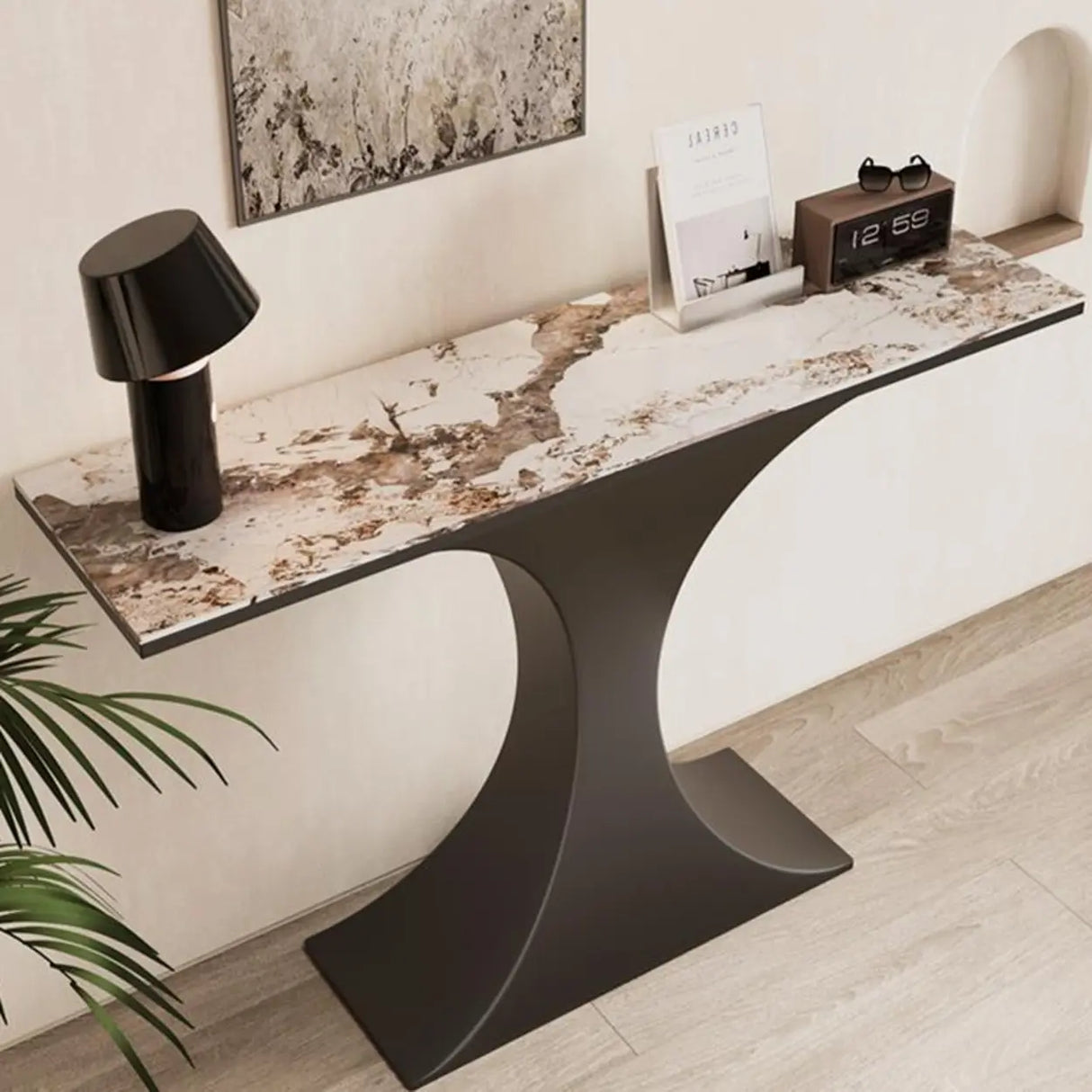 Glam Entryway Rectangular Stone Gold Curve Base Console Table Image - 3