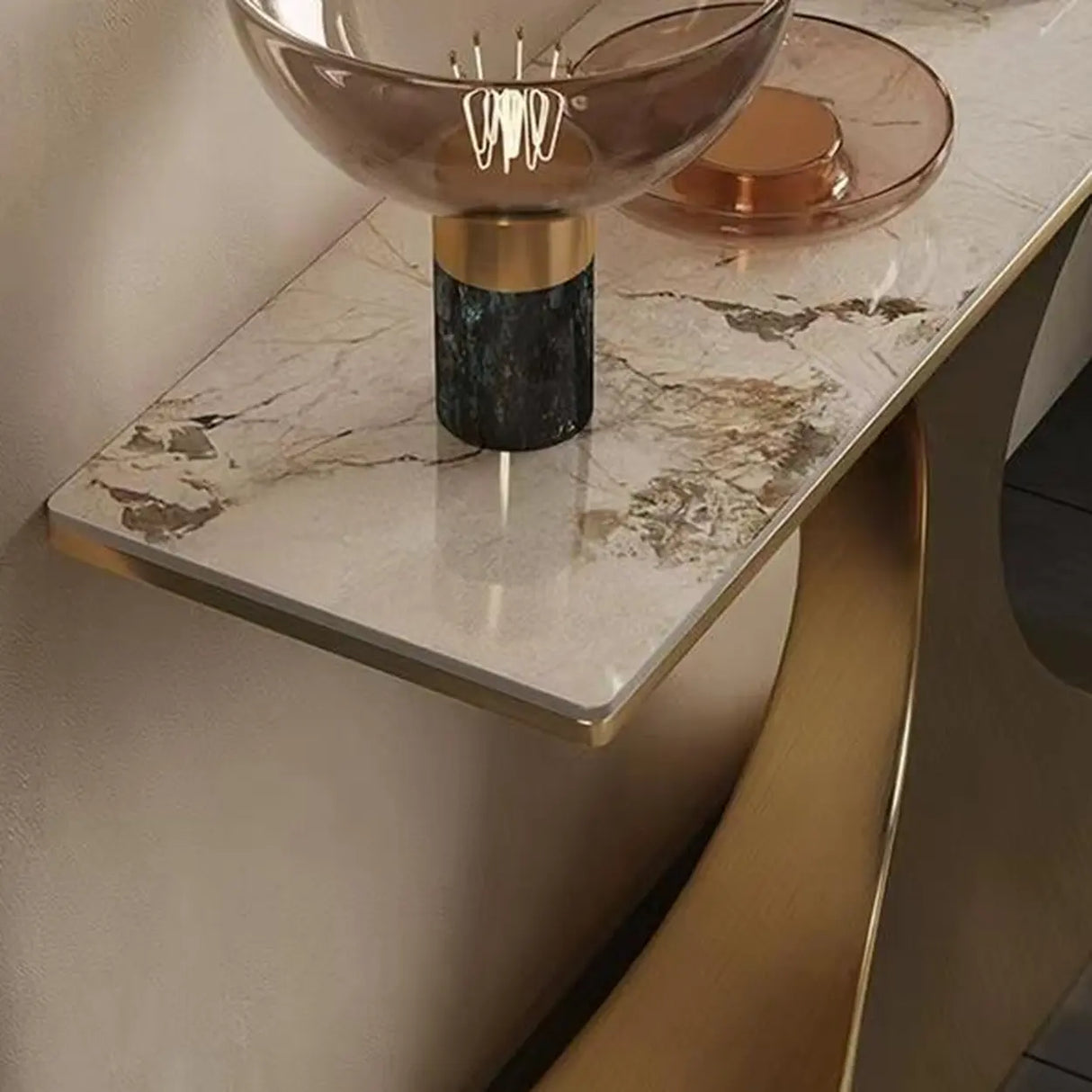 Glam Entryway Rectangular Stone Gold Curve Base Console Table Image - 6