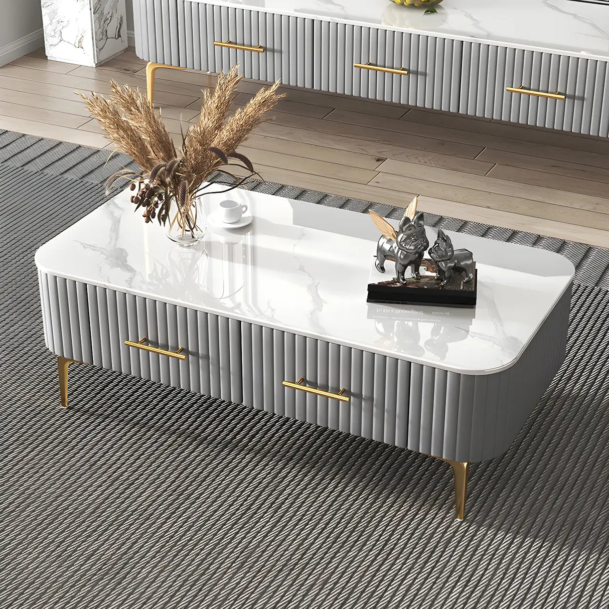 Glam Fiberglass Rectangular Coffee Table with Storage Image - 11