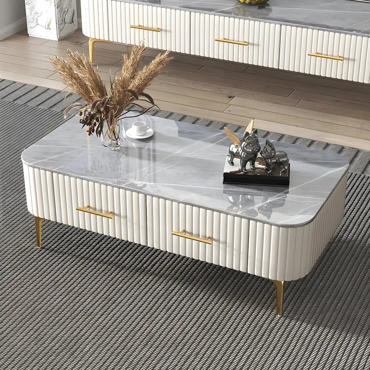 Glam Fiberglass Rectangular Coffee Table with Storage Image - 13