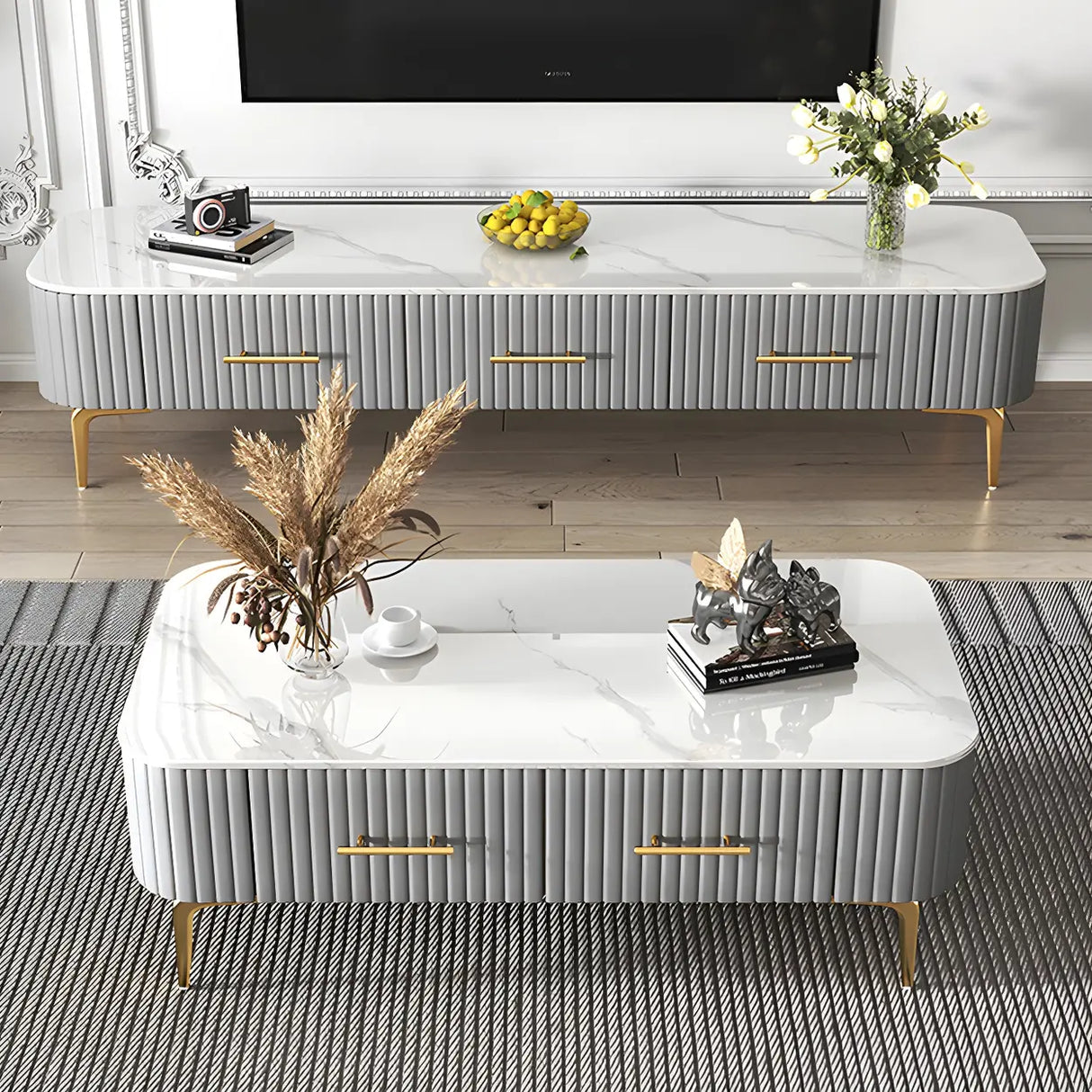 Glam Fiberglass Rectangular Coffee Table with Storage Image - 14