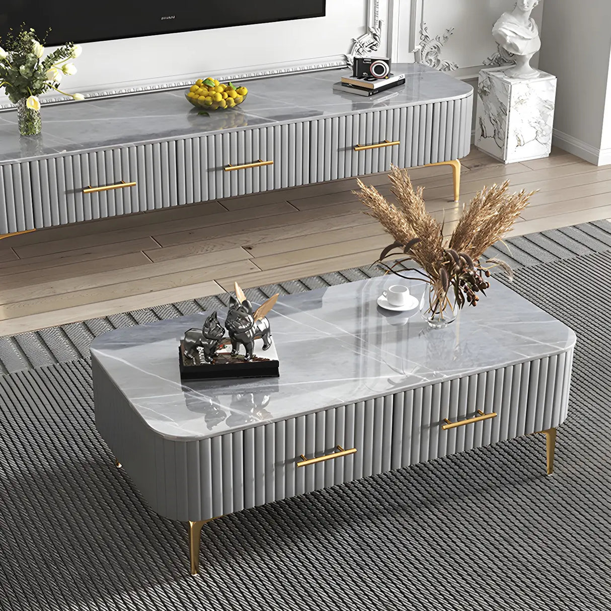 Glam Fiberglass Rectangular Coffee Table with Storage Image - 15
