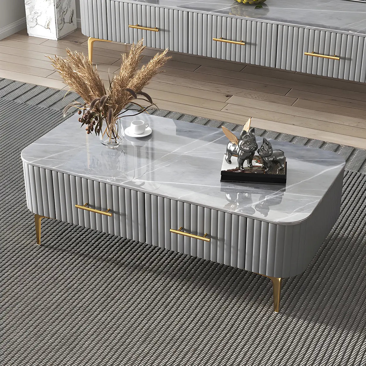 Glam Fiberglass Rectangular Coffee Table with Storage Image - 3
