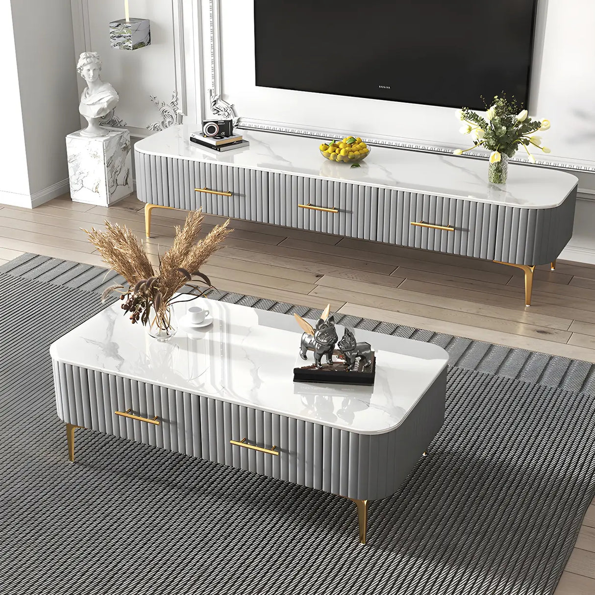 Glam Fiberglass Rectangular Coffee Table with Storage Image - 4