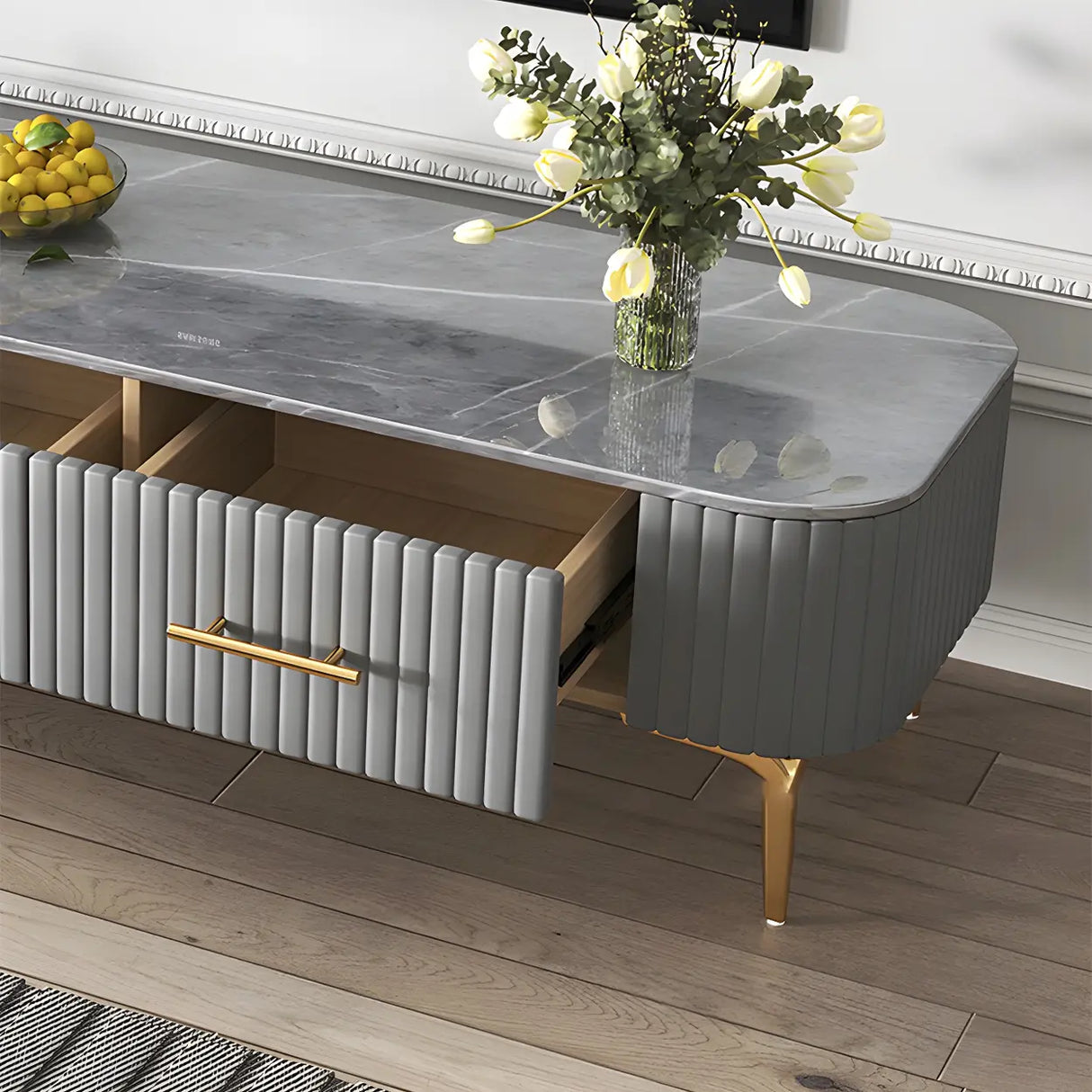 Glam Fiberglass Rectangular Coffee Table with Storage Image - 8