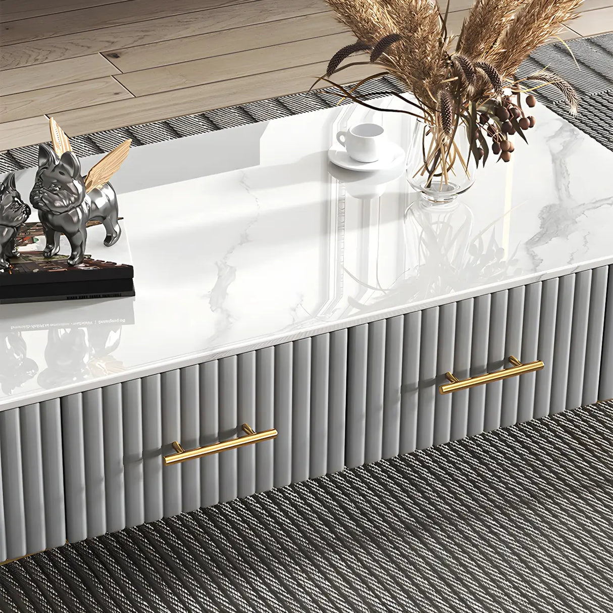 Glam Fiberglass Rectangular Coffee Table with Storage Image - 9