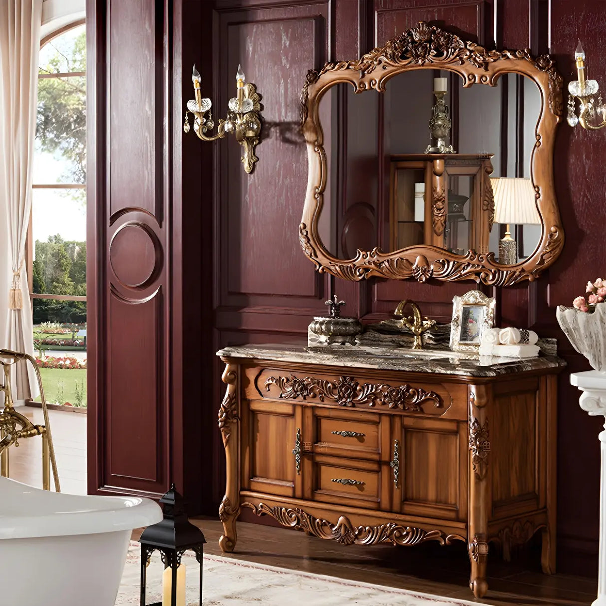 Glam Freestanding Mirror Sink Brown Wood Vanity with Drawers Image - 1