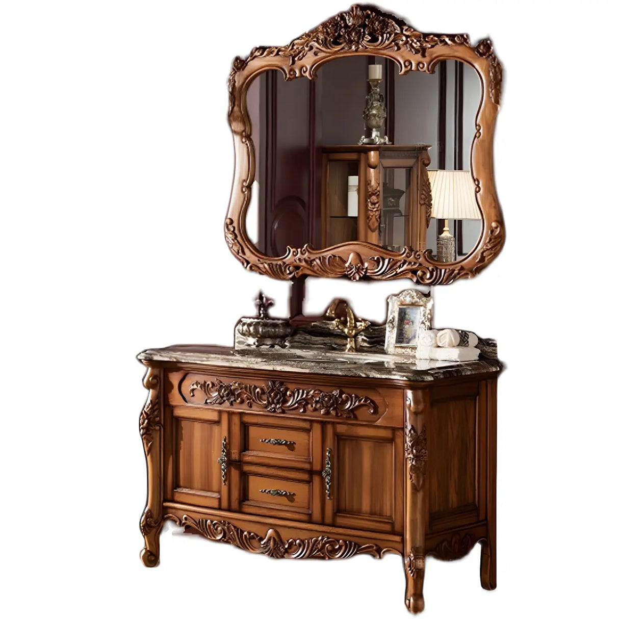 Glam Freestanding Mirror Sink Brown Wood Vanity with Drawers Image - 2