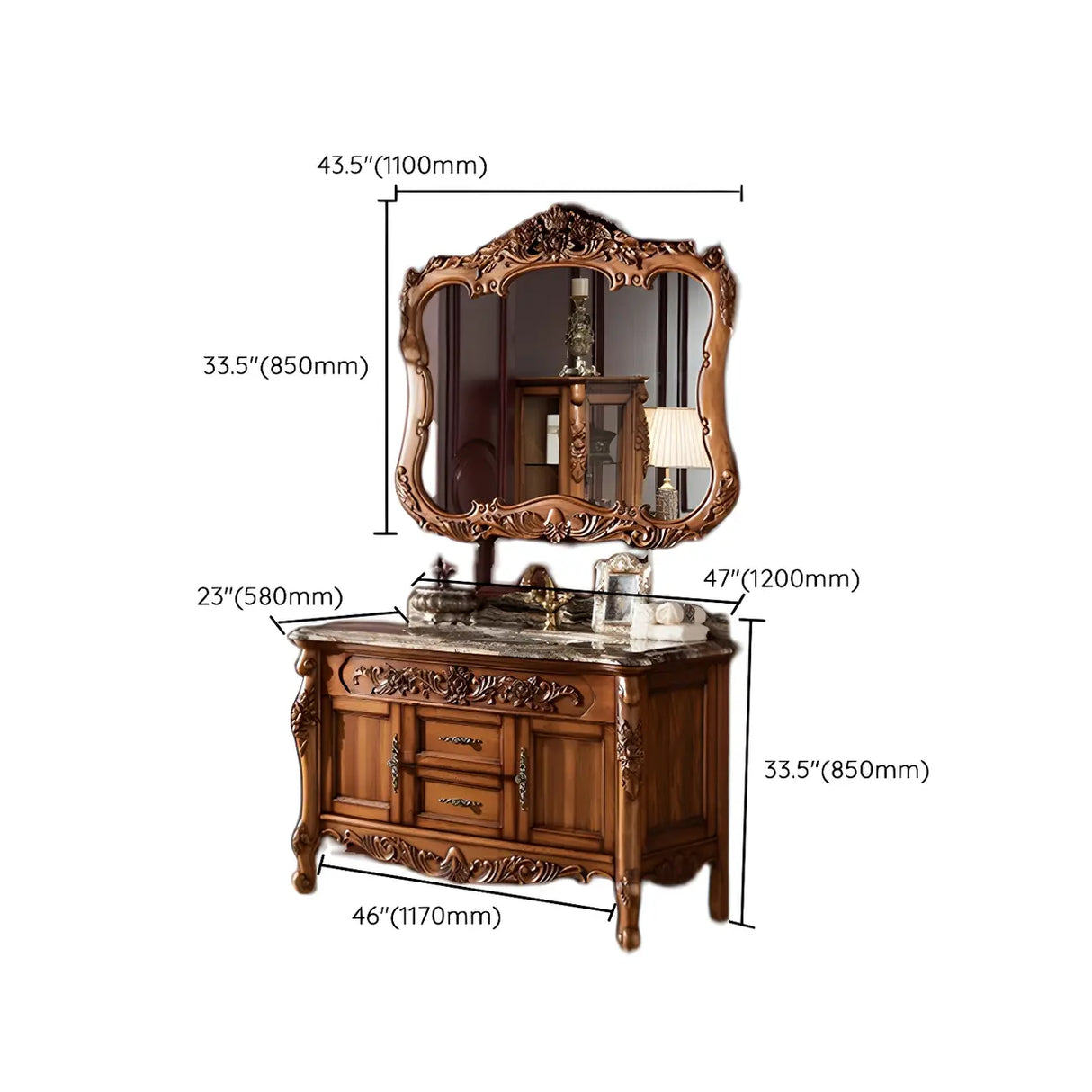 Glam Freestanding Mirror Sink Brown Wood Vanity with Drawers Image - 13