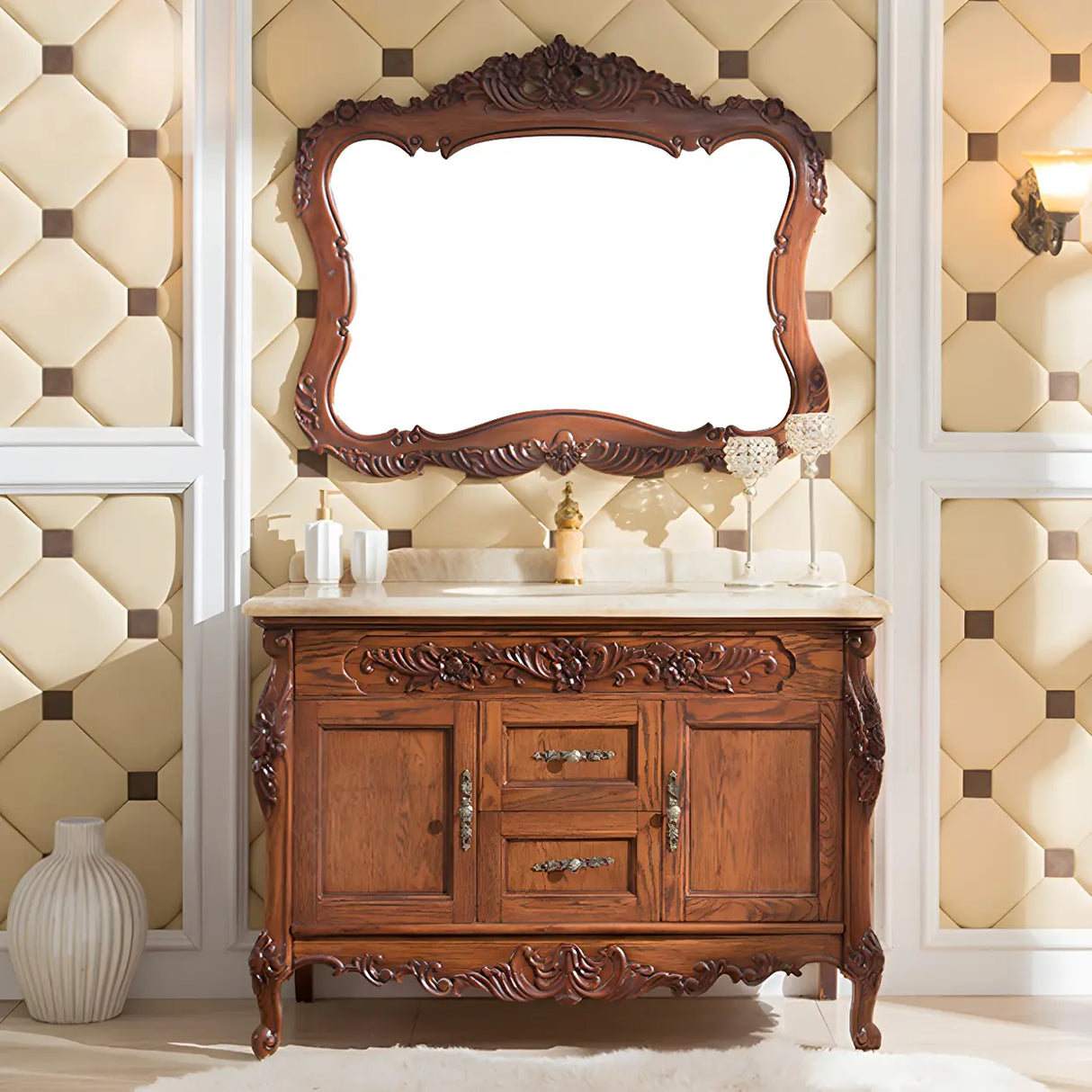 Glam Freestanding Mirror Sink Brown Wood Vanity with Drawers Image - 3