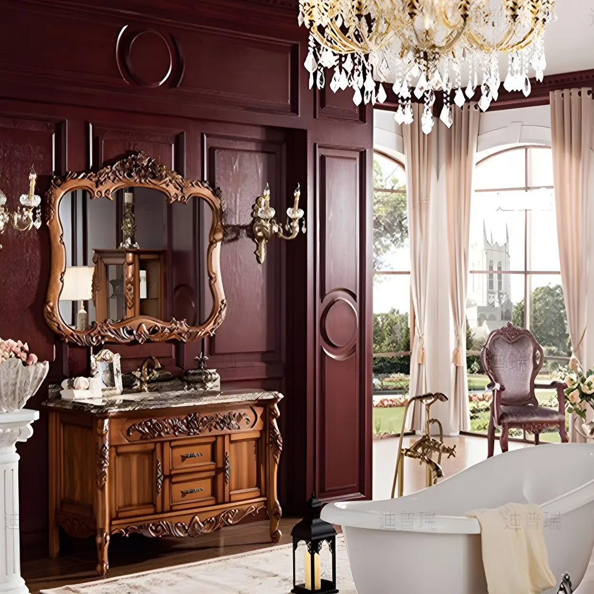 Glam Freestanding Mirror Sink Brown Wood Vanity with Drawers Image - 4