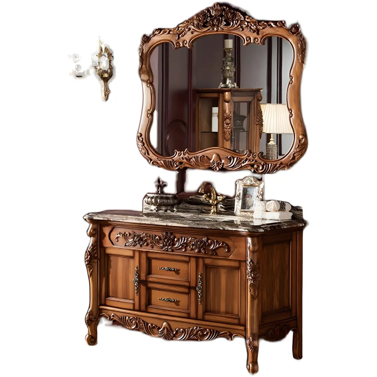 Glam Freestanding Mirror Sink Brown Wood Vanity with Drawers Image - 6