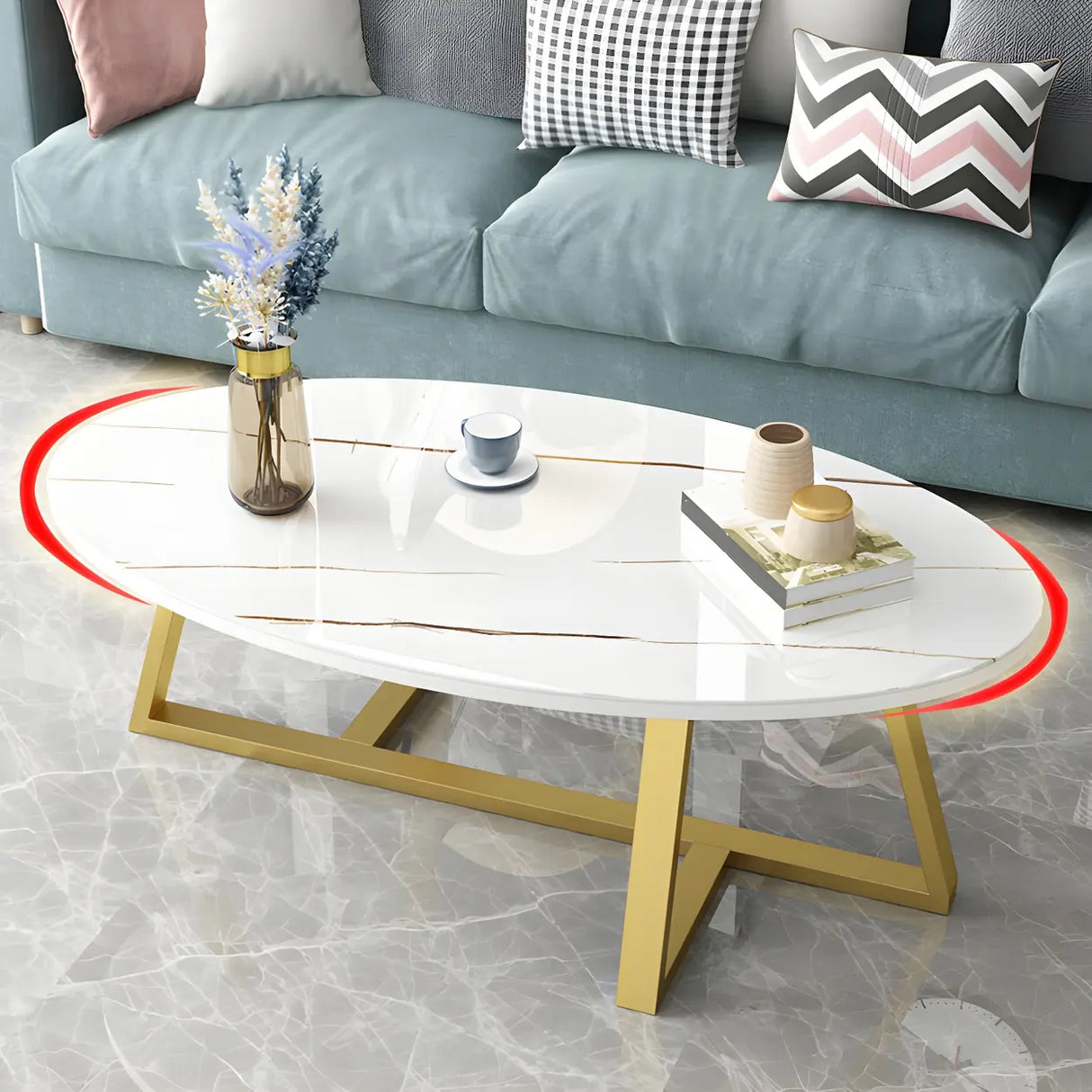 Glam Glass Wood Oval Coffee Table with Cross Legs Image - 12
