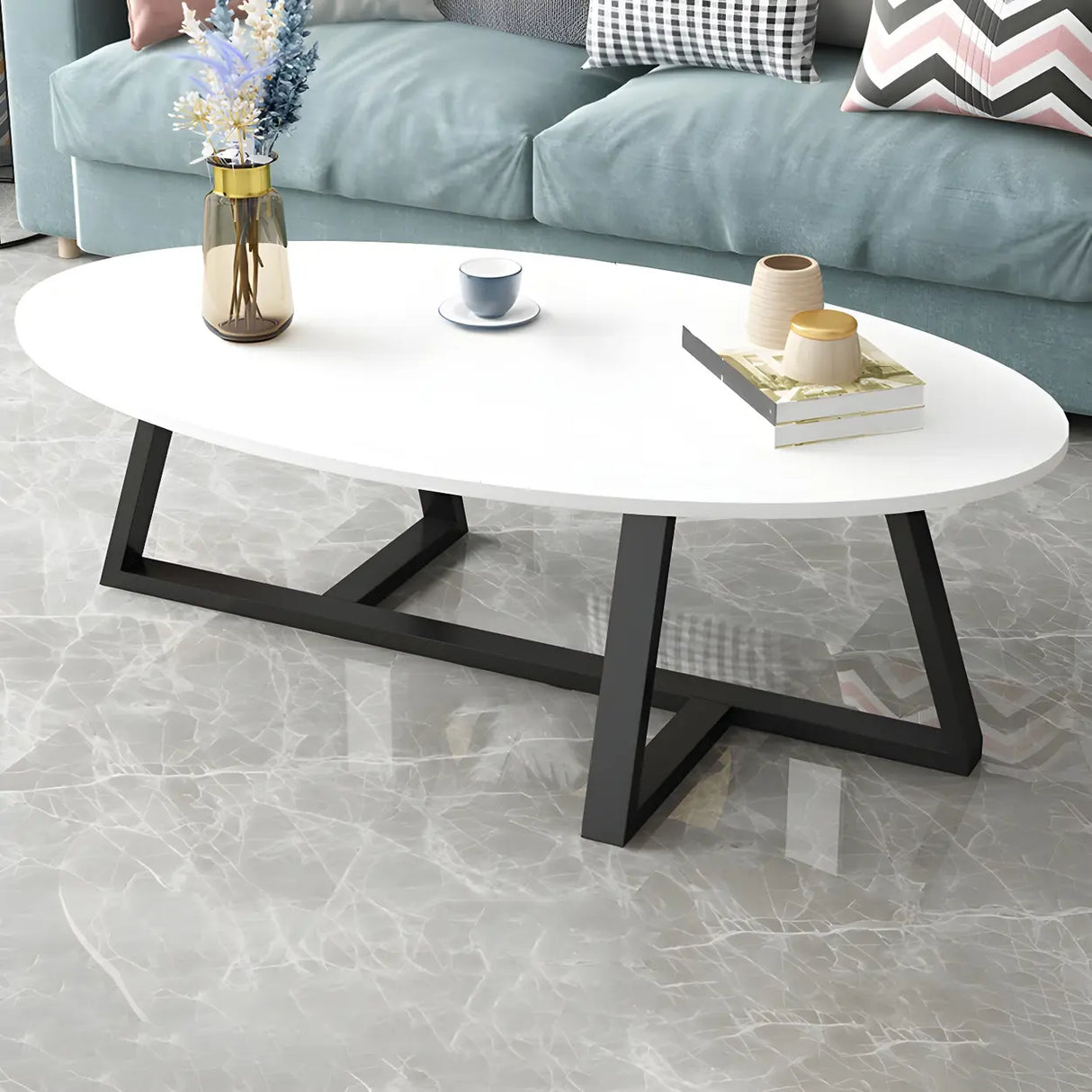 Glam Glass Wood Oval Coffee Table with Cross Legs Image - 13