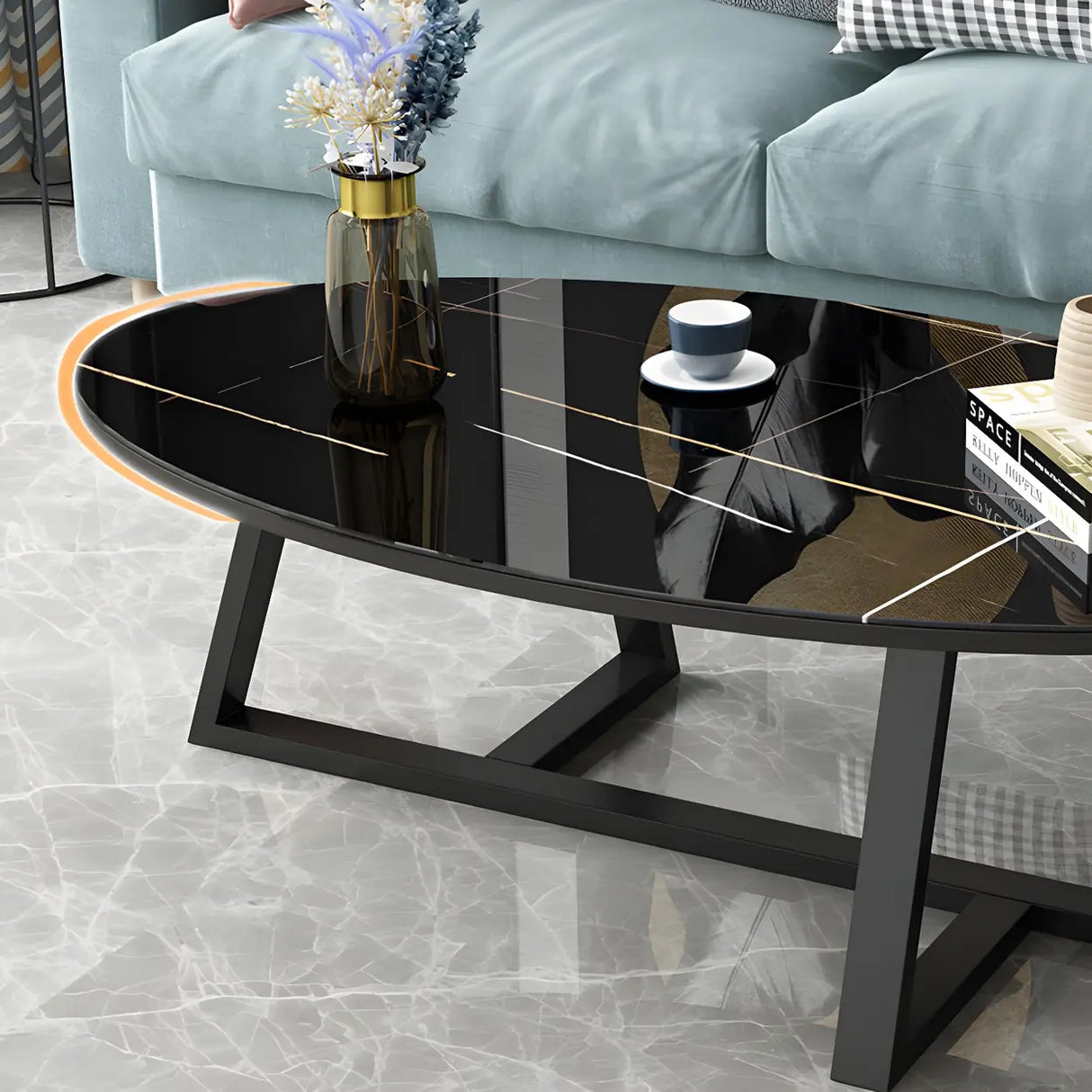 Glam Glass Wood Oval Coffee Table with Cross Legs Image - 14