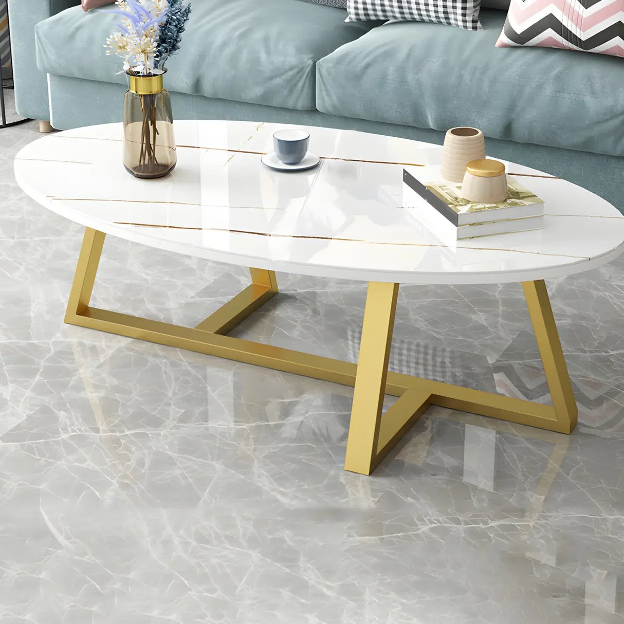 Glam Glass Wood Oval Coffee Table with Cross Legs Image - 15