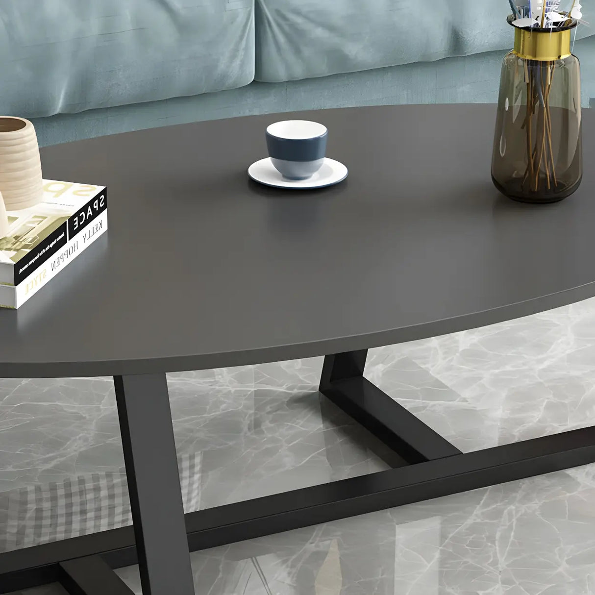 Glam Glass Wood Oval Coffee Table with Cross Legs Image - 17