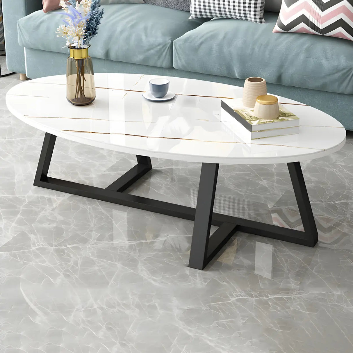 Glam Glass Wood Oval Coffee Table with Cross Legs Image - 18