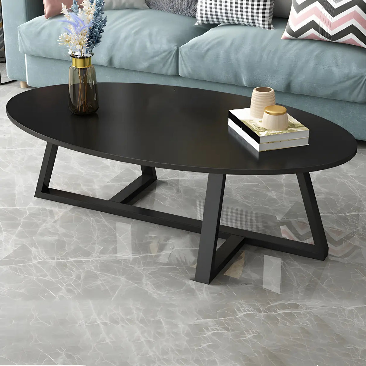 Glam Glass Wood Oval Coffee Table with Cross Legs Image - 1