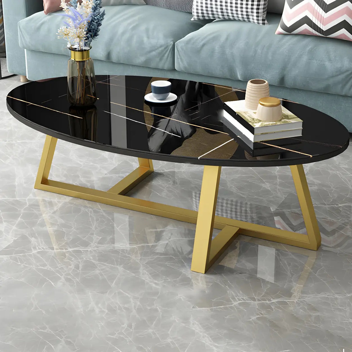 Glam Glass Wood Oval Coffee Table with Cross Legs Image - 20