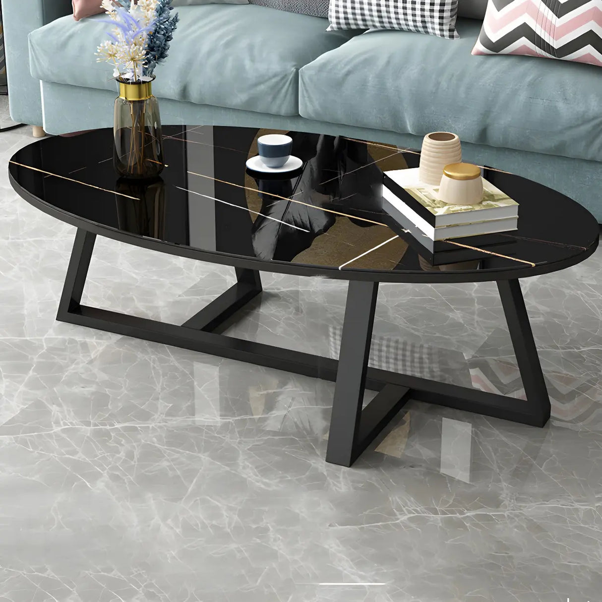 Glam Glass Wood Oval Coffee Table with Cross Legs Image - 21