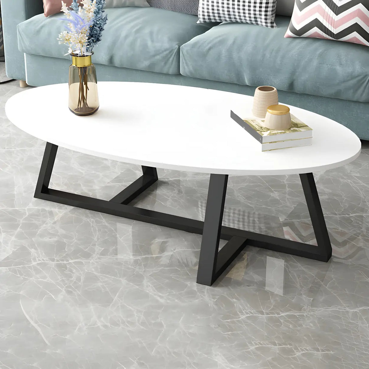 Glam Glass Wood Oval Coffee Table with Cross Legs Image - 23