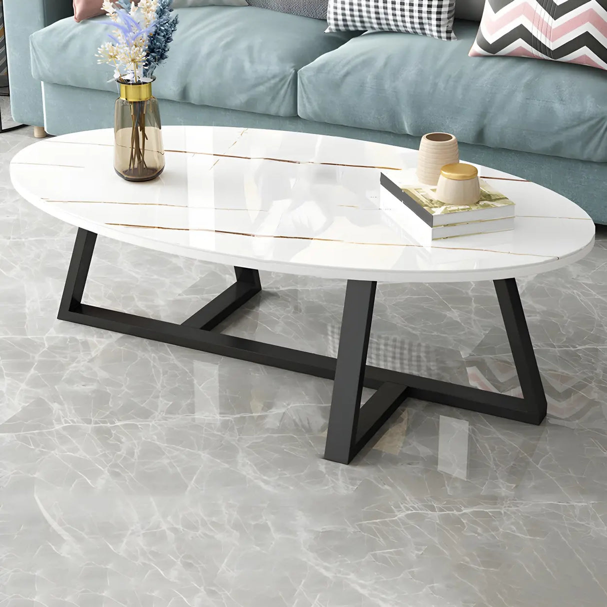 Glam Glass Wood Oval Coffee Table with Cross Legs Image - 24