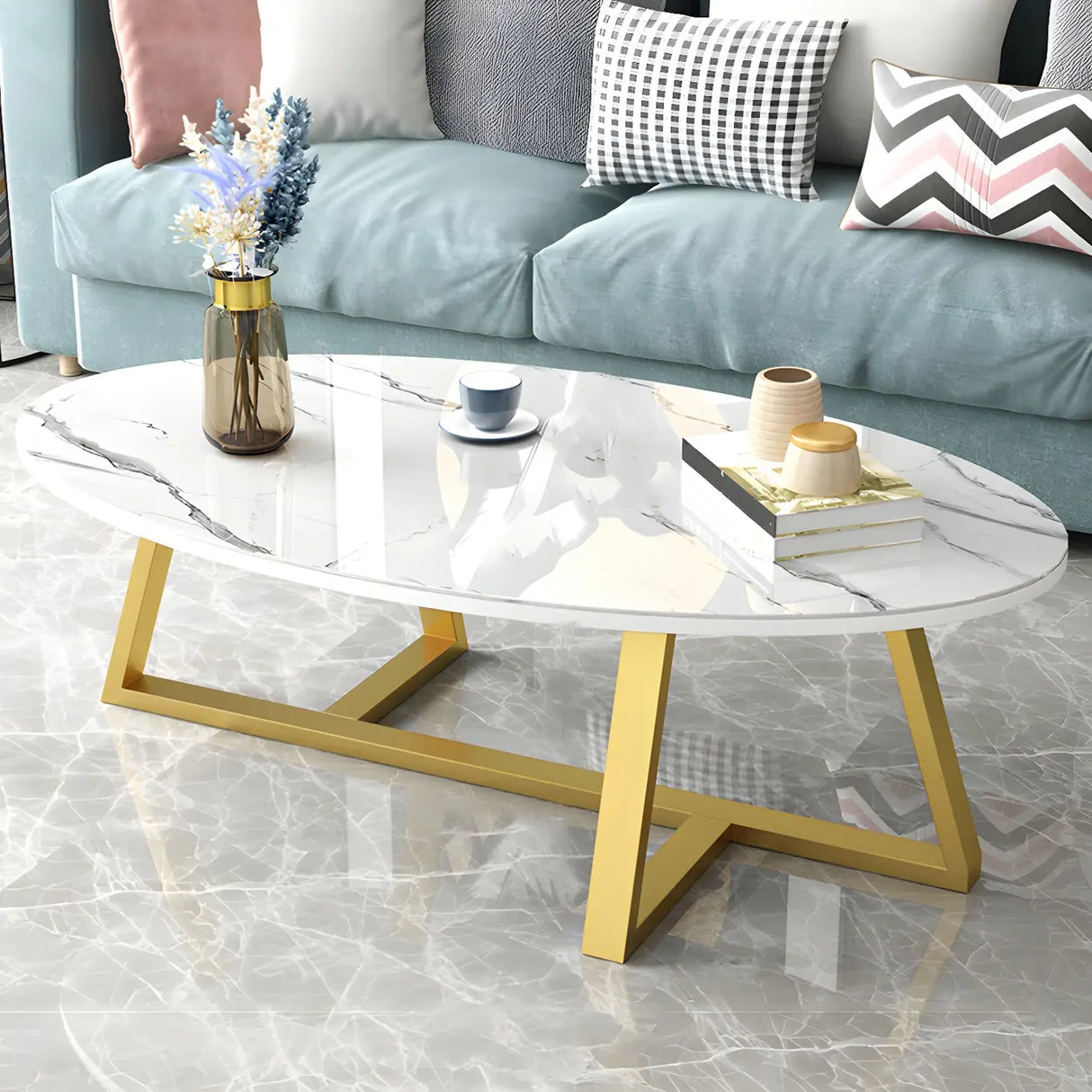Glam Glass Wood Oval Coffee Table with Cross Legs Image - 2