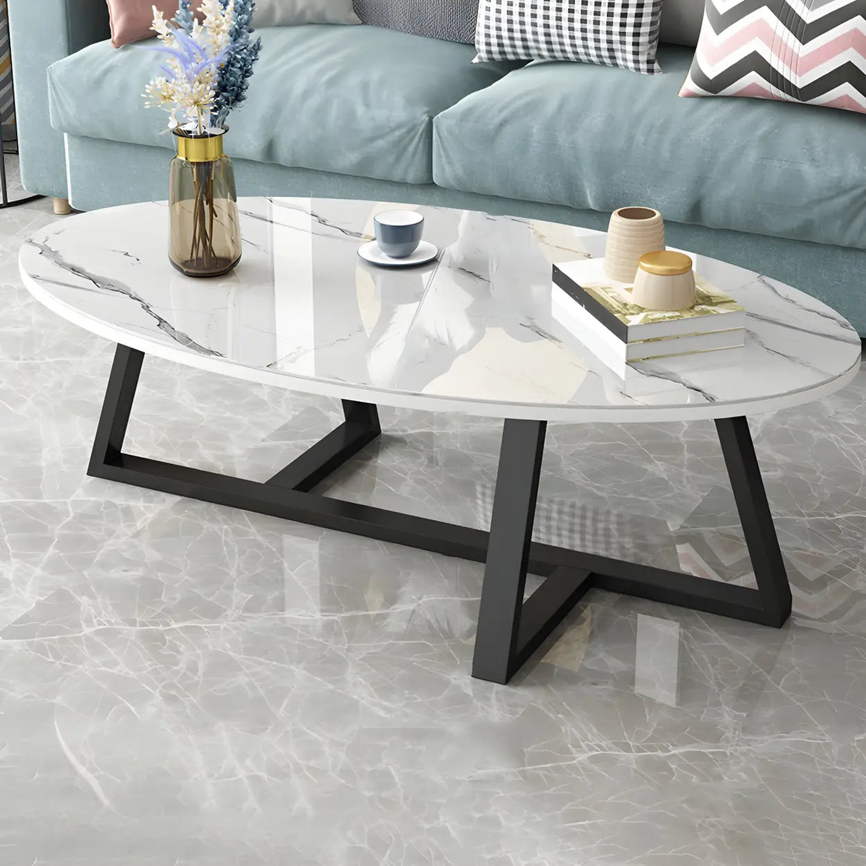 Glam Glass Wood Oval Coffee Table with Cross Legs Image - 3