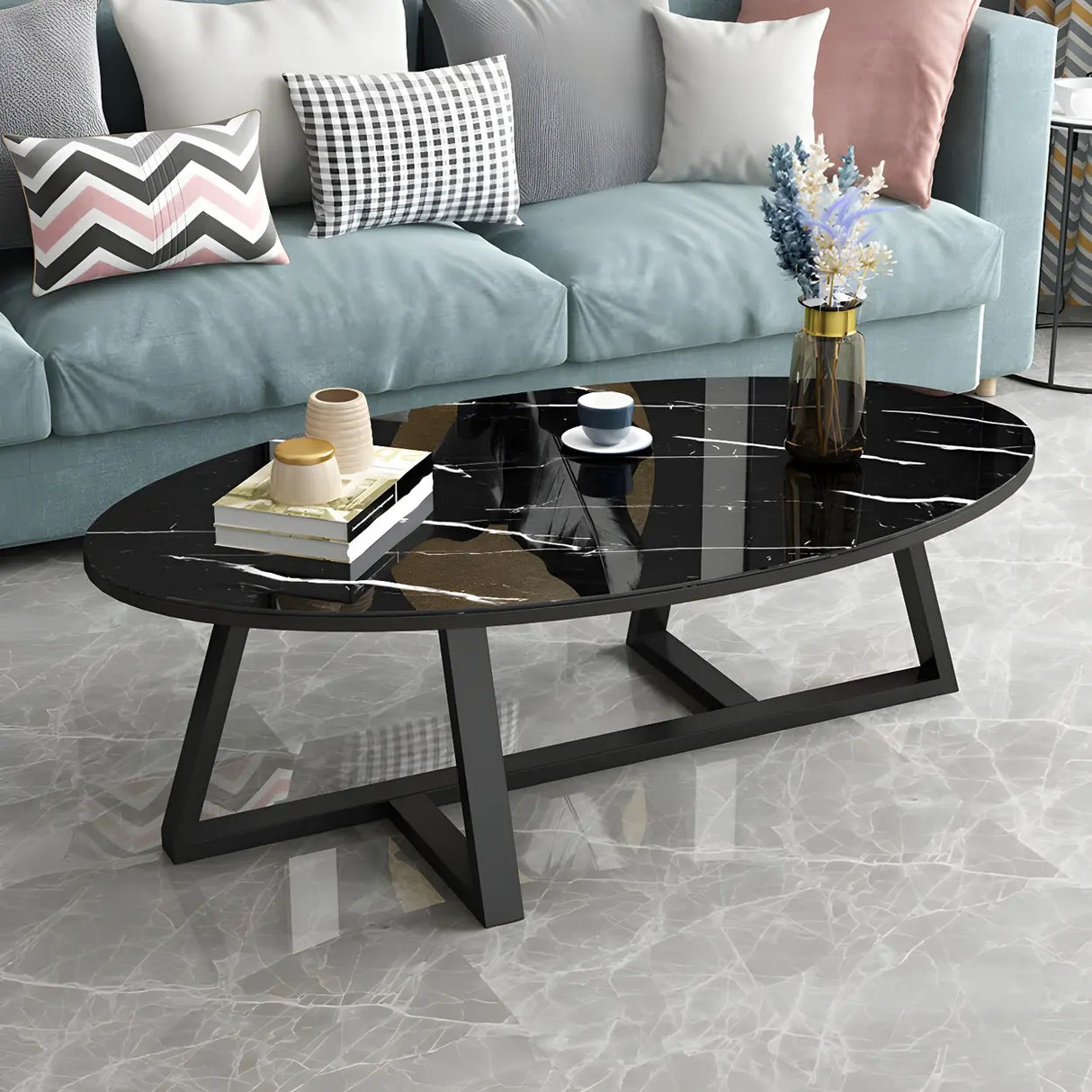 Glam Glass Wood Oval Coffee Table with Cross Legs Image - 4
