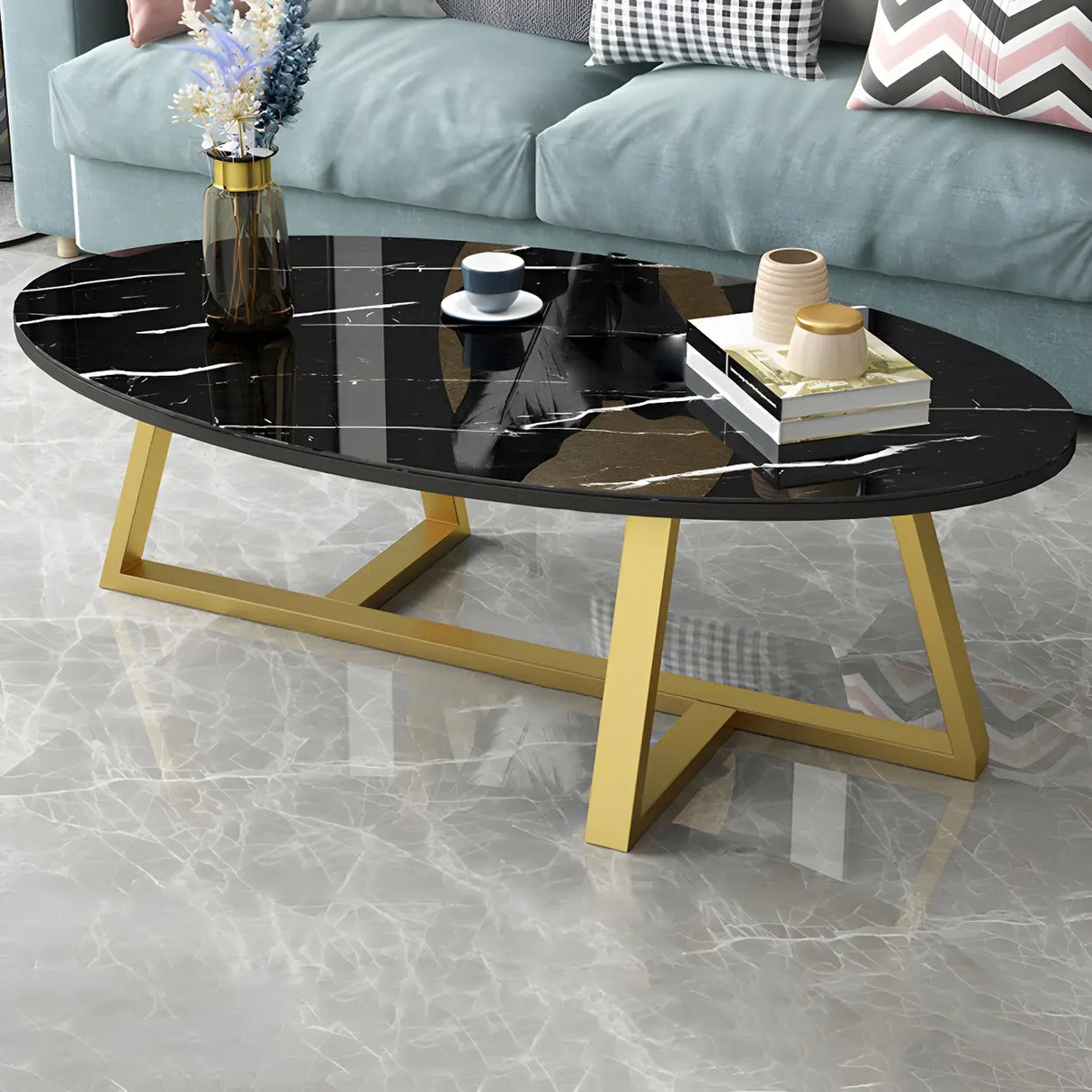 Glam Glass Wood Oval Coffee Table with Cross Legs Image - 5