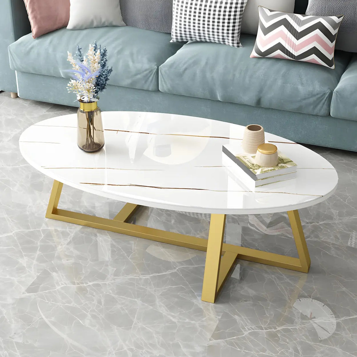Glam Glass Wood Oval Coffee Table with Cross Legs Image - 6