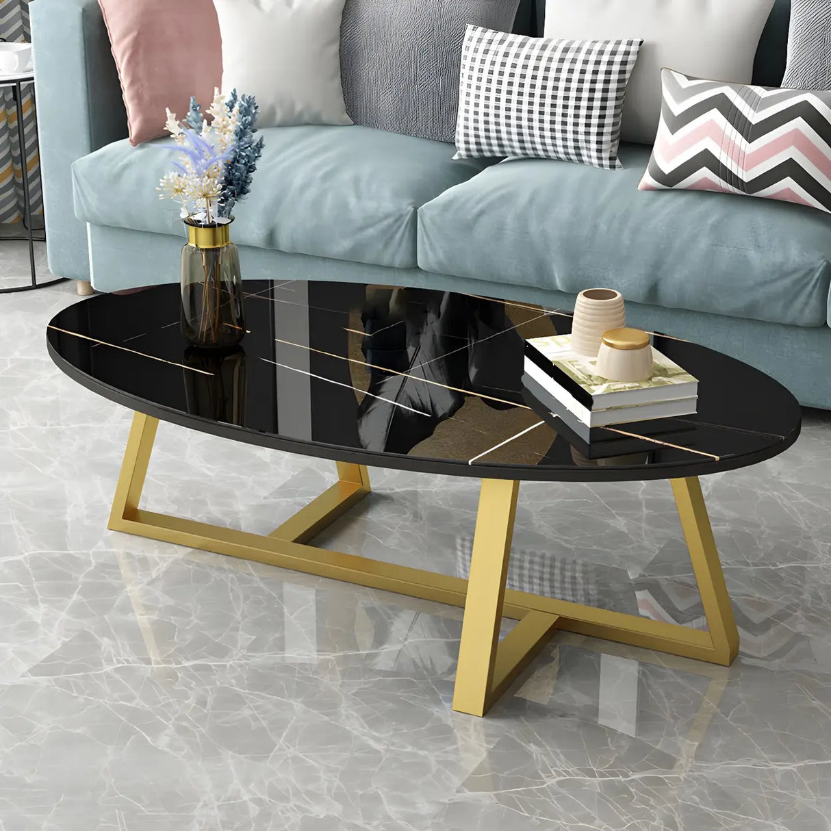 Glam Glass Wood Oval Coffee Table with Cross Legs Image - 7
