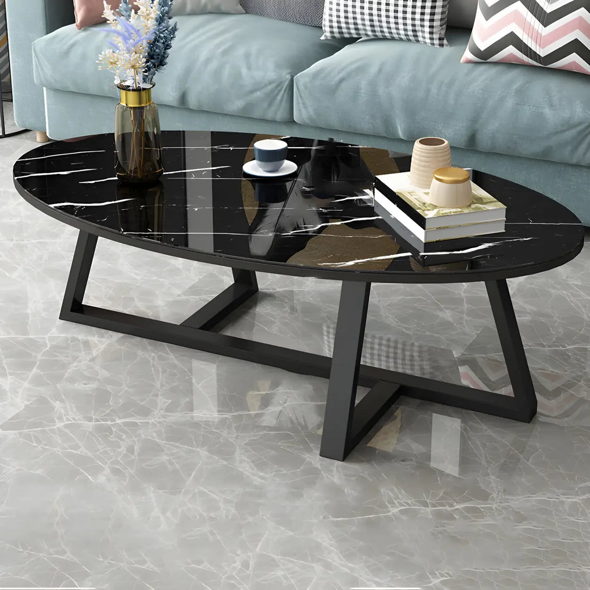 Glam Glass Wood Oval Coffee Table with Cross Legs Image - 8