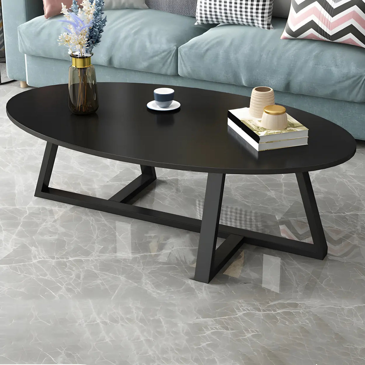 Glam Glass Wood Oval Coffee Table with Cross Legs Image - 9