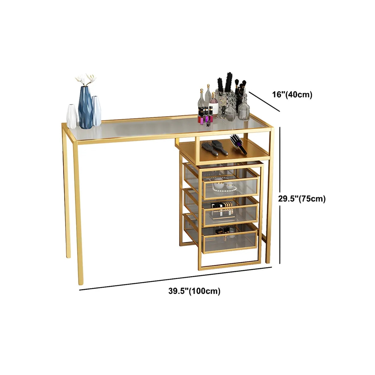 Glam Gold Metal Glass Makeup Vanity with Storage Box Image - 15