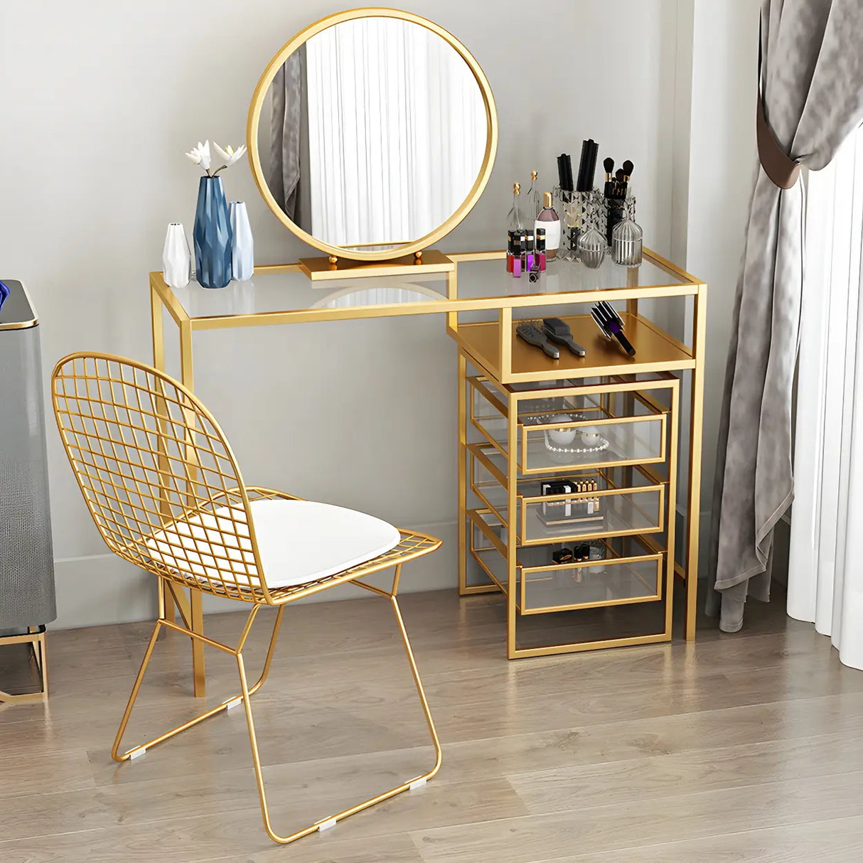 Glam Gold Metal Glass Makeup Vanity with Storage Box Image - 1