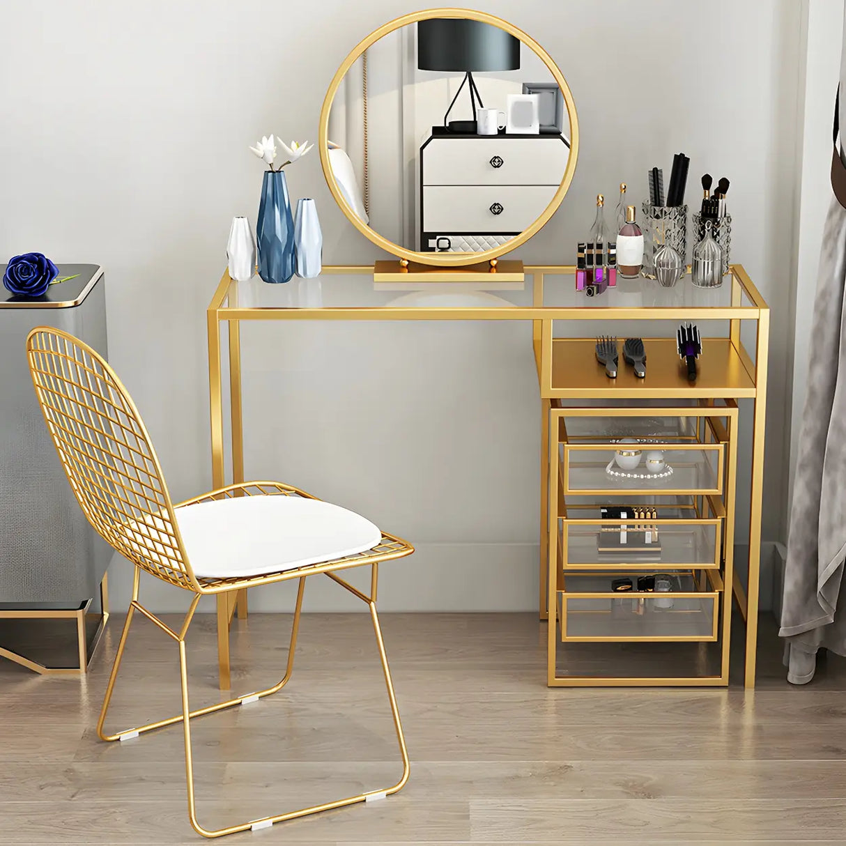 Glam Gold Metal Glass Makeup Vanity with Storage Box Image - 2