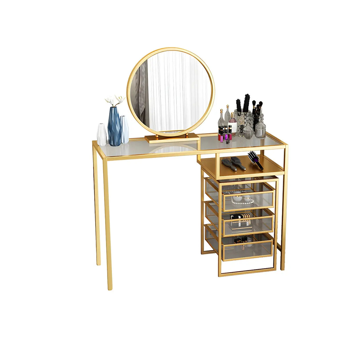 Glam Gold Metal Glass Makeup Vanity with Storage Box Image - 4